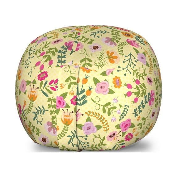 Spring Storage Toy Bag Chair, Different Flowers and Leaves in Doodle Style Creative Pattern Print, Stuffed Animal Organizer Washable Bag, Small Size, Multicolor, by Ambesonne