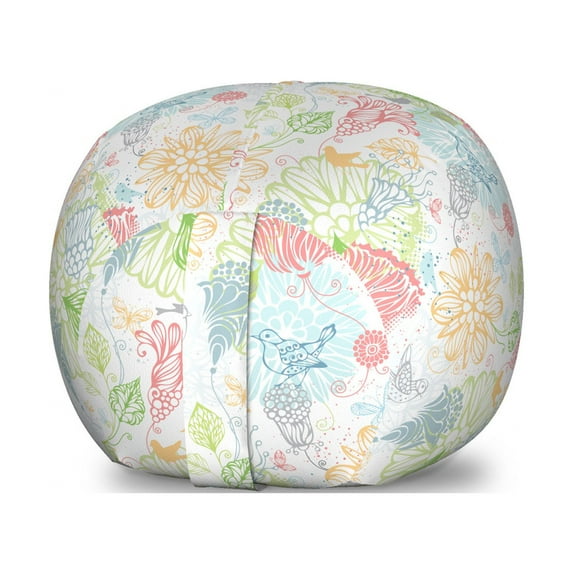 Spring Storage Toy Bag Chair, Ornamental Composition of Nature with Birds and Flower Outline Style Composition, Stuffed Animal Organizer Washable Bag, Large Size, Multicolor, by Ambesonne