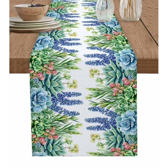 Spring Succulent Burlap Cotton Table Runner 13x36 Inches Short, Tropical Botanical Seasonal Summer Farmhouse Table Runners, Outdoor Dining Tablecloths Decor for Baby Shower/Party/Wedding