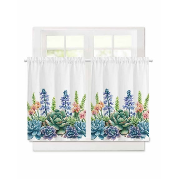 Spring Succulent Short Blackout Curtains 45 Inch Long Retro Watercolor Plant Rod Pocket Kitchen Curtains, 2 Panels Thermal Insulated Room Darkening Drapes for Bedroom, 30"W x 45"L