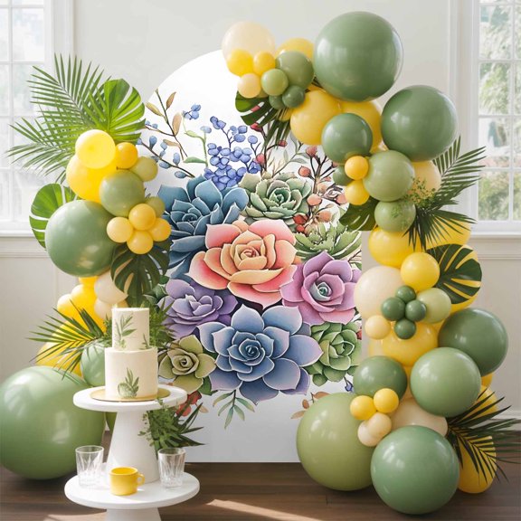 Spring Succulents Arch Backdrop Cover, 4FT, Retro Watercolor Plant Spandex Arch Covers Double-Sided Backdrop for Wedding Birthday Party Photo Background Decoration