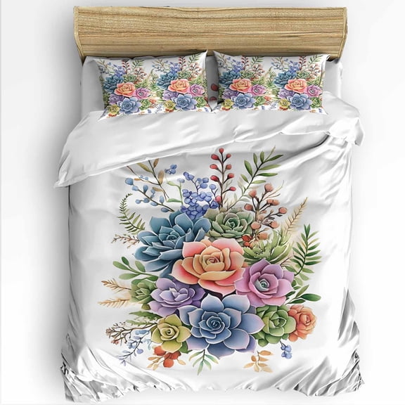 Spring Succulents King Size Comforter Set, Retro Watercolor Plant Soft Bedding for All Seasons, 4 Pcs Bed Set with 1Comforter (90"x106") ,1 Sheet(94"x116"), 2 Pillowcases (19"x35")