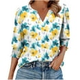 thumbnail image 1 of Spring Summer 3/4 Length Sleeve Tops Floral Printed T-Shirt Henley Neck Tee Short Sleeve Shirts Smocked Cuffed Sleeve Tunic Blouses Comfort Casual Tee Shirts Going Out Blosues, 1 of 6