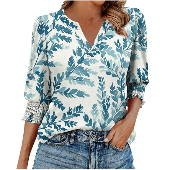 Spring Summer 3/4 Length Sleeve Tops Floral Printed T-Shirt Henley Neck Tee Short Sleeve Shirts Smocked Cuffed Sleeve Tunic Blouses Comfort Casual Tee Shirts Going Out Blosues