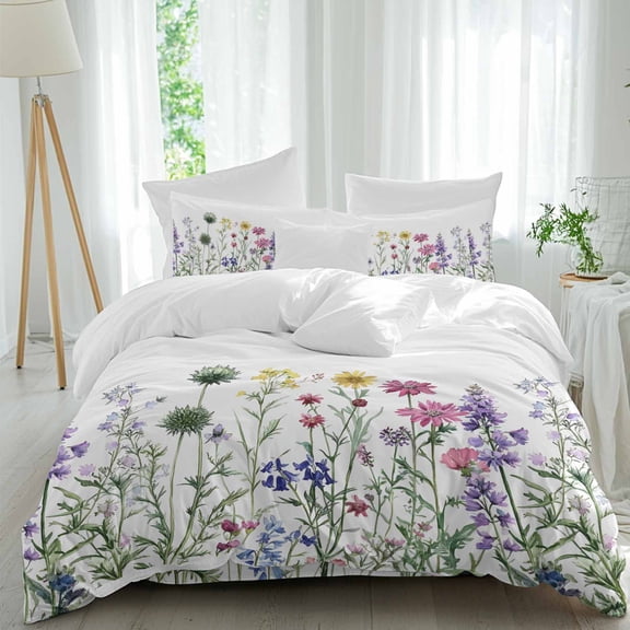 Spring Summer 4 Piece Duvet Cover Set Queen Size Colorful Wildflower Botanical Blossoming Plant Soft Bedding Set Comforter Cover, 1 Duvet Cover 1 Flat Sheets and 2 Pillowcases