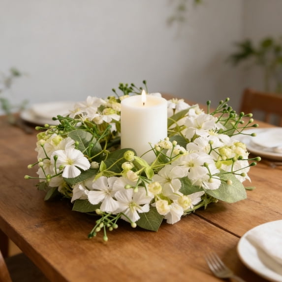Spring Summer Artificial Floral Candle Ring Wreath, Mini Flower Greenery Garland Table Centerpiece, Versatile Plastic Floral Wreath for Wedding Party Home Door Dining Table Candle Decor,B