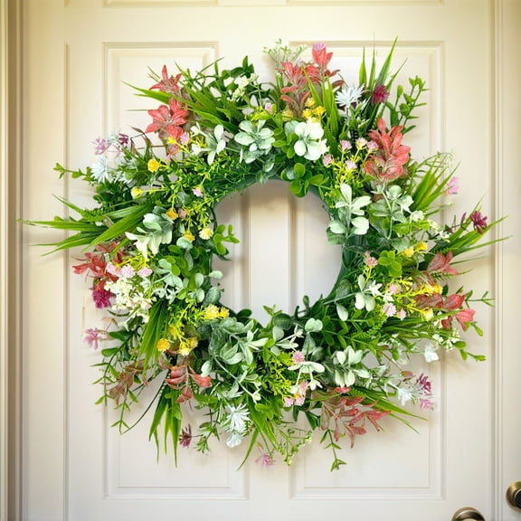 Spring Summer Artificial Floral Wreath, Colorful Faux Flower Wreath for Front Door, Wall, Window and Courtyard Decor, Versatile Ornament for Home, Wedding, Party and Holiday Event Styling, 13in, B