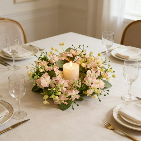 Spring Summer Artificial Flower Garland, Mini Floral Wedding Candle Ring Wreath Table Centerpiece Party Home Door Decor