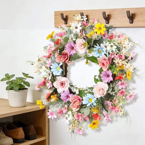 Spring Summer Artificial Flower Wreath, Colorful Floral Door Wreath for Home Wall & Entryway Decor