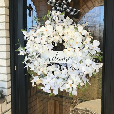 Spring Summer Artificial Wreath for Front Door White Dogwood Flower Welcome Wreath for Wedding Party Wall Window Home Decor