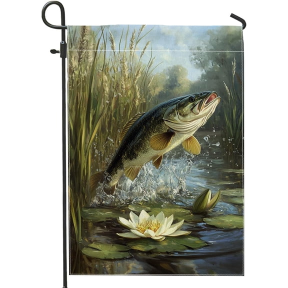 Spring Summer Bass Fishing Garden Flag Double Sided Colorful Fish Water Scene Outdoor Yard Lawn Decor Banner 12x18 Inch