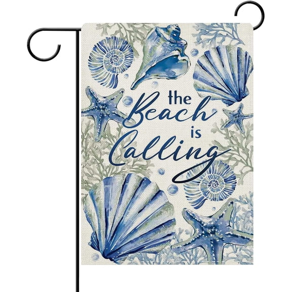Spring Summer The Beach is Calling 28 x 40 House Flag Double Sided, Coastal Conch Starfish Coral Pearl Garden Yard Decorations, Nautical Seasonal Burlap Outdoor Decor Decorative Large Flag