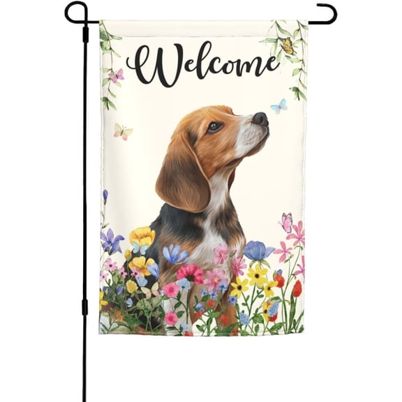 Spring Summer Beagle Dog Wildflowers Butterfly Garden Flag, Double Sided Welcome Yard Outdoor Decorative Flag, 12 x 18 Inch
