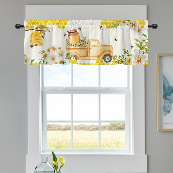 Spring Summer Bee Honey Truck Curtains Valance for Windows, Yellow Daisy Flower Honeycomb Bumblebee Short Half Topper Rod Pocket, Seasonal Home Living Room Bedroom Decor 54" x 18"