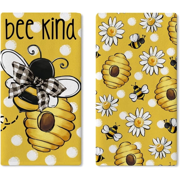 Spring Summer Bee Kind Kitchen Dish Towels Set of 2, Yellow Bumble Bee Honeycomb Daisy Flower Drying Hand Towel Baking Cooking Cloth, Cute Bee Polka Dots Bathroom Home Decoration 16 x 24 Inch