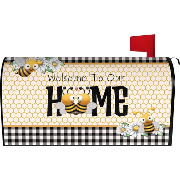 Spring Summer Bee Mailbox Cover 25.5x21 Inch, Welcome to Our Home Post Letter Box Covers, Spring Summer Seasonal Magnetic Waterproof Mail Wraps for Outdoor Yard Garden Standard Mailbox Decor