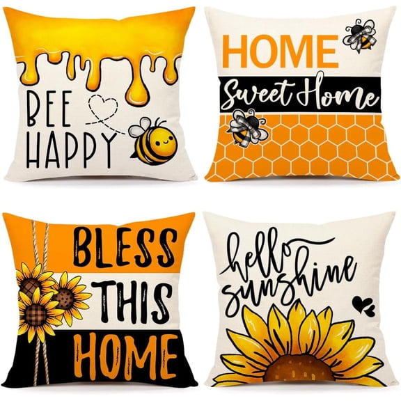 Spring Summer Bee Throw Pillow Covers 18 x 18 Inch Set of 4, Home Sweet Home Hello Sunshine Floral Farmhouse Holiday Yellow Cushion Case for Home Sofa Couch Decoration TH199
