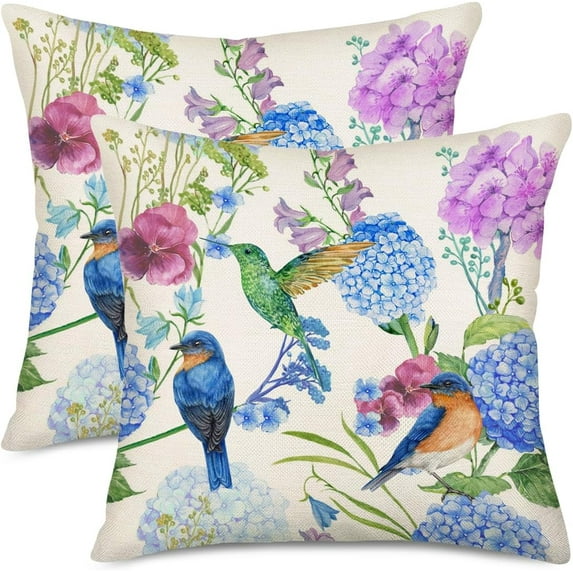Spring Summer Birds Flower Throw Pillow Cover 18x18 Inch Set of 2 Hummingbirds Hydrangea Blue Floral Plant Rustic Farmhouse Decoration Pillows Cushion Case for Sofa Couch