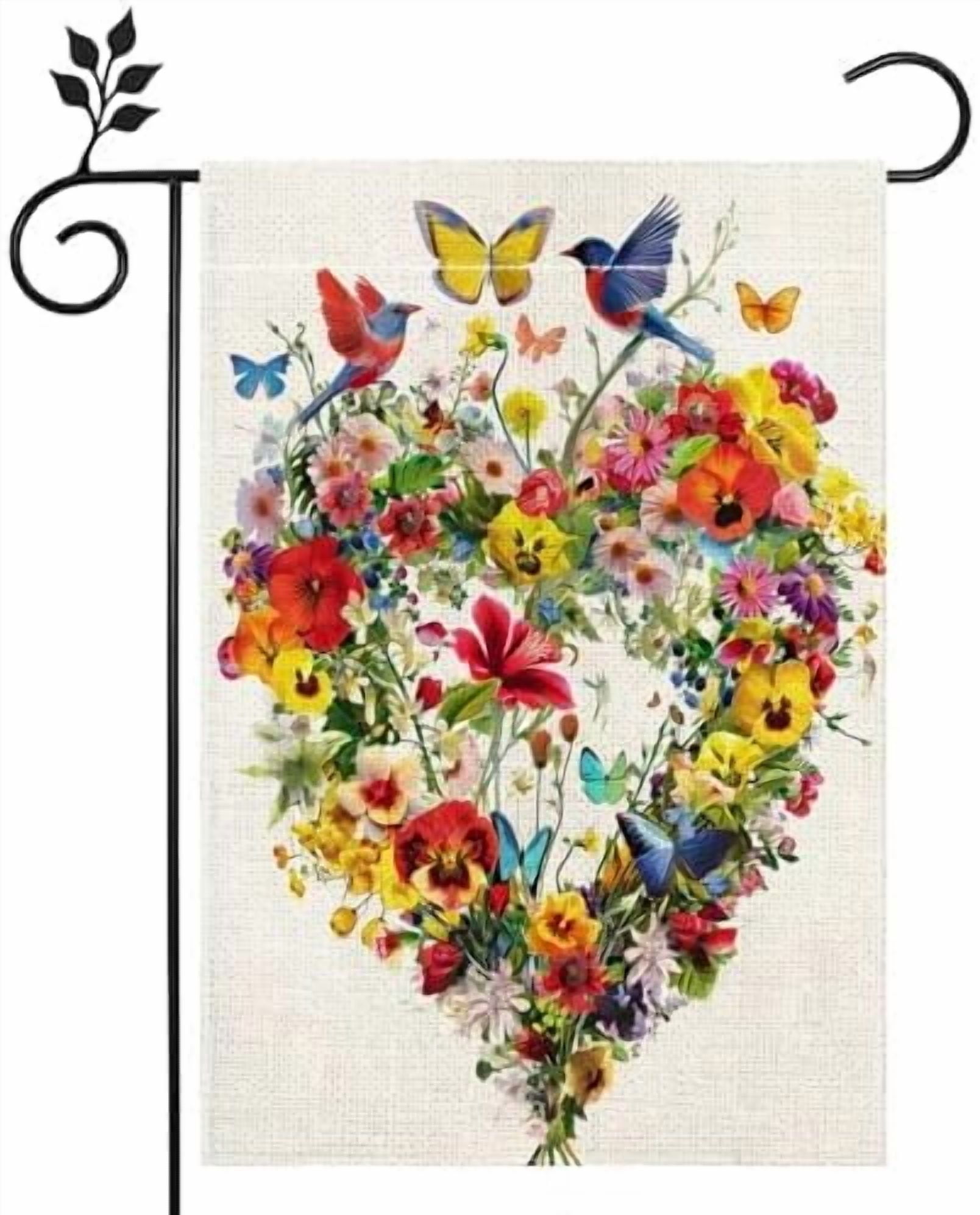Spring Summer Birds Flowers Butterflies Garden Flag for Outside, Colorful Floral Love Hearts Outdoor Yard Flag 12x18 Inch Double Sided Burlap