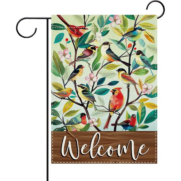 Spring Summer Birds Tree Decorative Garden Flag, Watercolor Cardinal Chickadee Oriole Floral Burlap Yard Decor, Double Sided 12 x 18