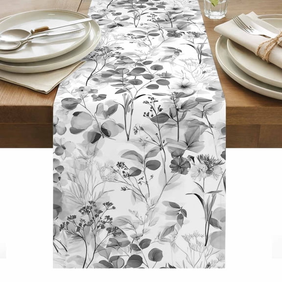 Spring Summer Black Flowers Table Runner Eucalyptus Leaves Plants Table Runners Dresser Scarves Holiday Kitchen Dining Table Decoration for Home Party Indoor 13x48 Inch