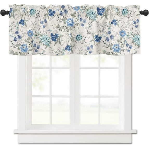 Spring Summer Blue Floral Curtain Valances for Kitchen Window Farmhouse Gray White French Country Rod Pocket Valance Windows Treatments 1 Panel Short Curtains 54x18 Inch for Bedroom Bathroom Decor