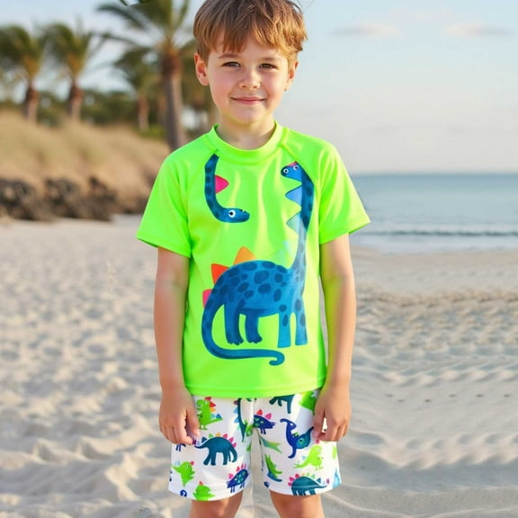 Spring Summer Boys' Swimwear 2 Piece Set Cartoon Dinosaur Short Sleeved Beach Swim Top & Swim Shorts Green 5 Y-6 Y