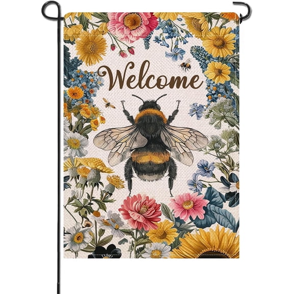 Spring Summer Bumble Bee Decorative Garden Flag Double Sided Burlap Outdoor Yard Decor Floral Botanical Design 12 x 18