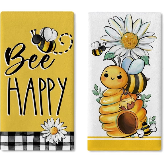 Spring Summer Bumble Bee Kitchen Dish Towels Set of 2, Bee Happy Daisy Flower Beehive Drying Hand Towel Baking Cooking Cloth, Floral Honeybee Farmhouse Bathroom Home Decoration 18'' x 26''
