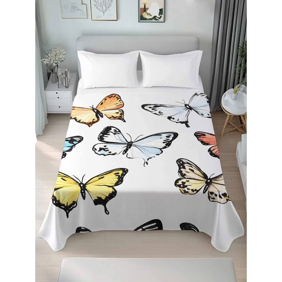 Spring Summer Butterflies California King Size Flat Sheet, Wrinkleproof & Fadeproof Cooling Flat Bed Sheet Only, Farmhouse Butterfly Breathable Soft Bedding Top Sheets 108 x 98 Inches