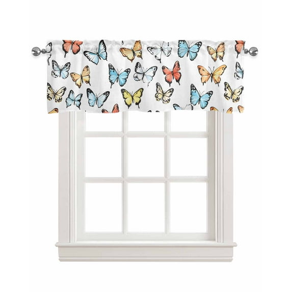 Spring Summer Butterflies Kitchen Valances for Windows Farmhouse Linen Window Valance Curtain for Living Room Window Treatment Farmhouse Butterfly Valance Rod Pocket Topper Drape, 42 x 18 Inch