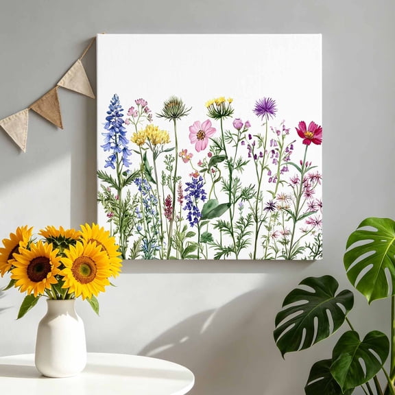 Spring Summer Canvas Wall Art Framed Wall Decor for Living Room Bedroom Bathroom, Wildflower Botanical Garden Scenery Canvas Pictures Ready to Hang Decor, 8"x8"