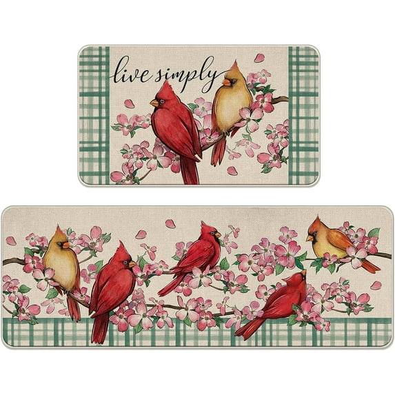 Spring Summer Cardinal Kitchen Rugs Set of 2, Live Simply Red Birds Pink Dogwood Floral Flower Kitchen Mats Decor, Green Plaid Farmhouse Floor Door Mat Home Decorations -17x29 and 17x47 Inch