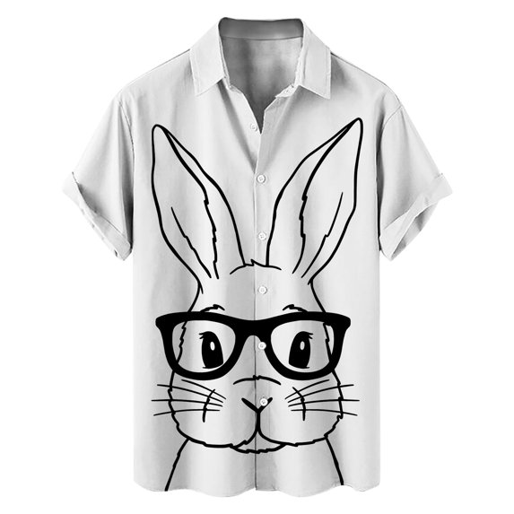 Spring Summer Casual Button Down Shirt Men's Easter Rabbit Print Short Sleeve White XL