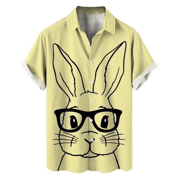 Spring Summer Casual Button Down Shirt Men's Easter Rabbit Print Short Sleeve Yellow M