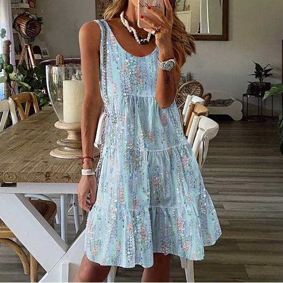 Spring/Summer Casual Fashion Floral Print Loose Fit Round Neck Sleeveless Midi Dress for Women