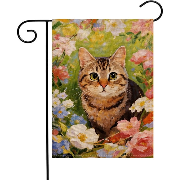 Spring Summer Cat Garden Flag, Double Sided Floral Welcome Yard Outdoor Flag, 12.5 x 18 Inch