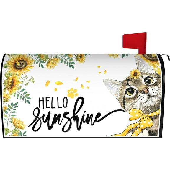 Spring Summer Cat Mailbox Cover 21x18 Inch, Hello Sunshine Post Letter Box Covers, Spring Summer Seasonal Magnetic Waterproof Mail Wraps for Outdoor Yard Garden Standard Mailbox Decor