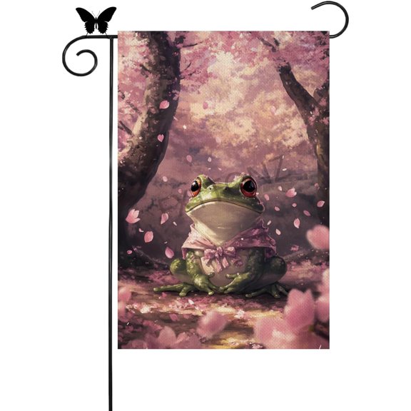 Spring Summer Cherry Blossom Floral Tree Frog Garden Flag, 12 x 18 Inch, Double Sided Welcome House Banner for Patio Lawn Outdoor Home Decor
