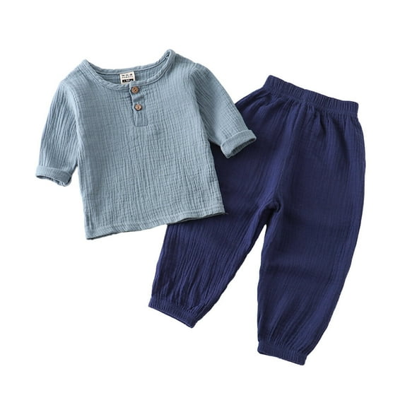 Spring Summer Children T-shirt Elastic Waist Trouser Set Long Sleeve Round Neck Tops Pants Kit Clothes Birthday Gift Blue Navy Blue 110cm