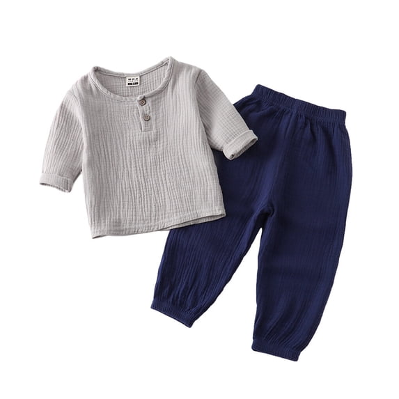 Spring Summer Children T-shirt Elastic Waist Trouser Set Long Sleeve Round Neck Tops Pants Kit Clothes Birthday Gift Grey Navy Blue 100cm