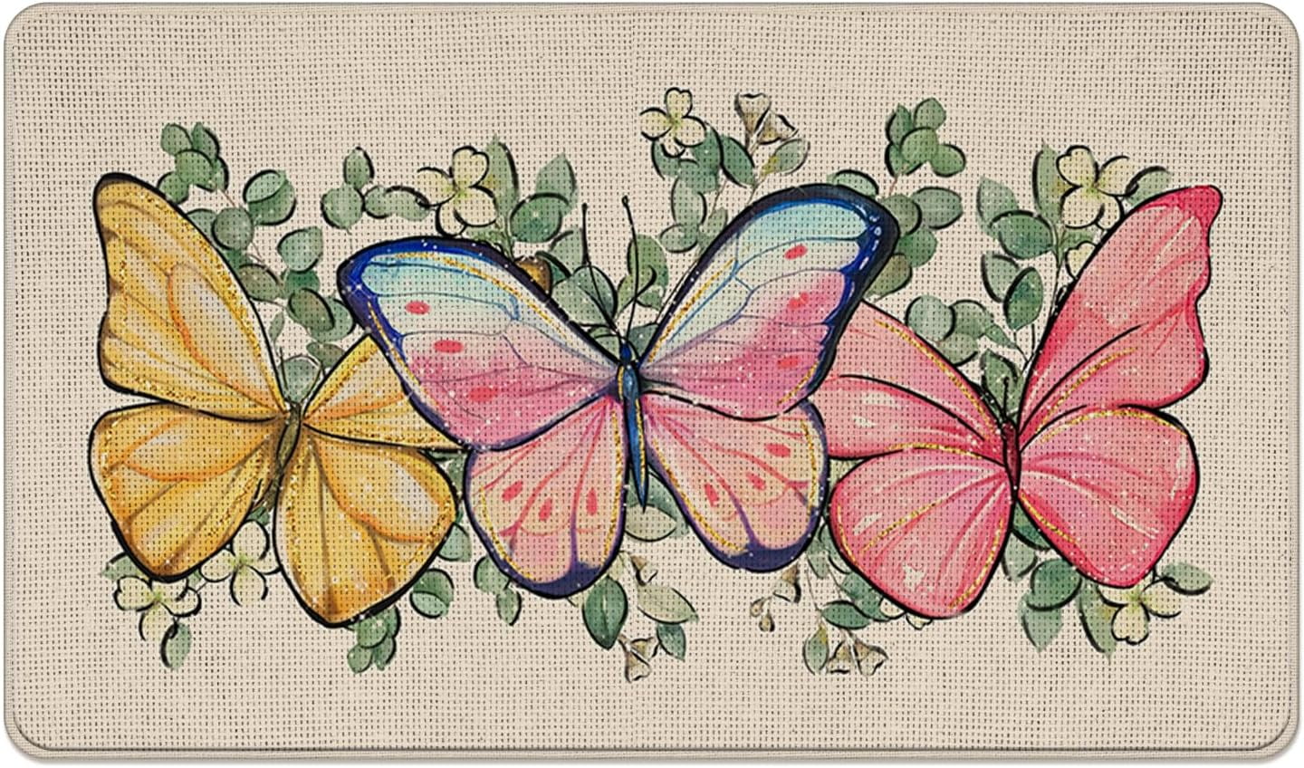Spring Summer Colorful Butterfly Decorative Front Door Mat, Eucalyptus Leaves Doormat Indoor Outdoor Non-Slip Floor Entryway Rug, Seasonal Home Kitchen Decoration 17x30 Inch