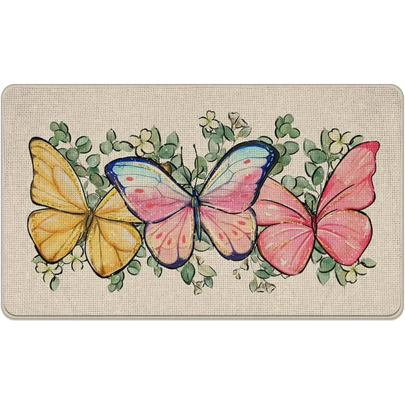 Spring Summer Colorful Butterfly Decorative Front Door Mat, Eucalyptus Leaves Doormat Indoor Outdoor Non-Slip Floor Entryway Rug, Seasonal Home Kitchen Decoration 17x30 Inch