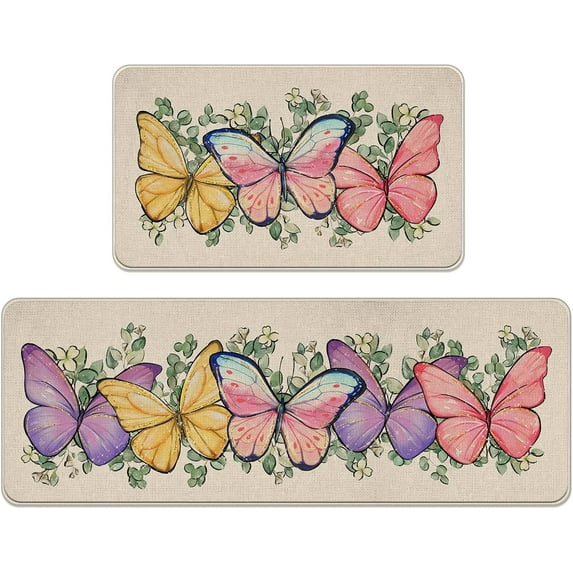 Spring Summer Colorful Butterfly Kitchen Rugs Set of 2, Eucalyptus Leaves Kitchen Mats Decor, Seasonal Floor Door Mat Home Decorations -17x30 and 17x47 Inch