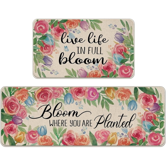 Spring Summer Colorful Floral Flower Kitchen Rugs Set of 2, Live Life in Full Bloom Rose Tulip Kitchen Mats Decor, Seasonal Floor Door Mat Home Decorations -17x30 and 17x47 Inch