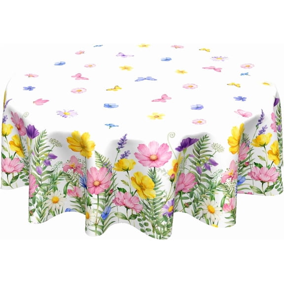 Spring Summer Colorful Floral Table Cloth Round Yellow Pink Purple Wildflowers Butterflies Tablecloth 60 Inch Decor Washable Stain and Wrinkle Spring Round Table Cover for Dining Picnic