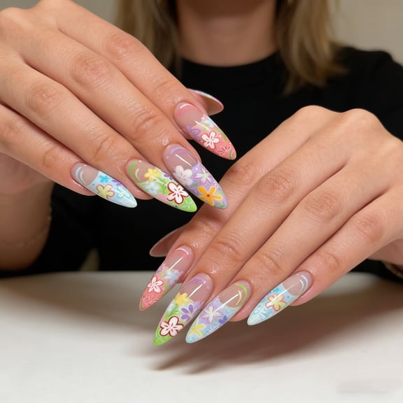 Spring Summer Colorful Flower Graffiti Long Pointed French False Nails, Removable Wearable Press On Nails for Women, Salon Quality Fake Nails for Home Manicure, Reusable Nail Art Tips with Adhesive