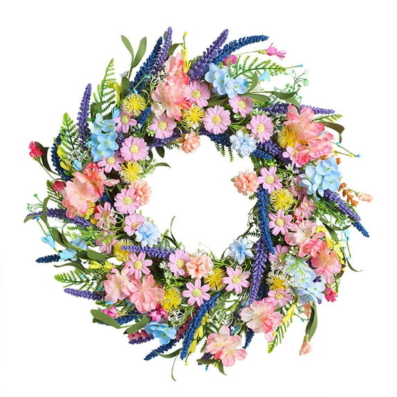 Spring Summer Colorful Flower Wreath for Front Door,Lavender Flowers Wreath for Home Decor, Colorful Flowers with Green Leaves