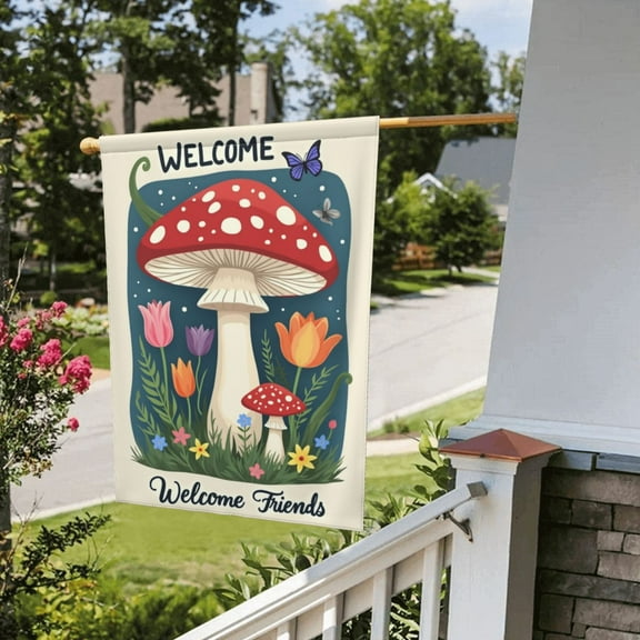 Spring Summer Colorful Welcome Spring Mushrooms Plants Summer Yard Flag Outdoor Decor Double Sided 12X18 Inches
