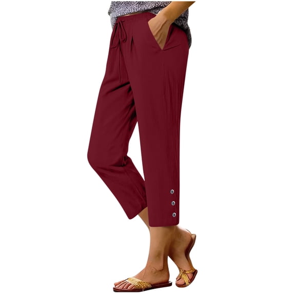 Spring Summer Cotton Linen Capris Pants for Women Elastic Waist Straight Leg Cropped Trouser with Pockets